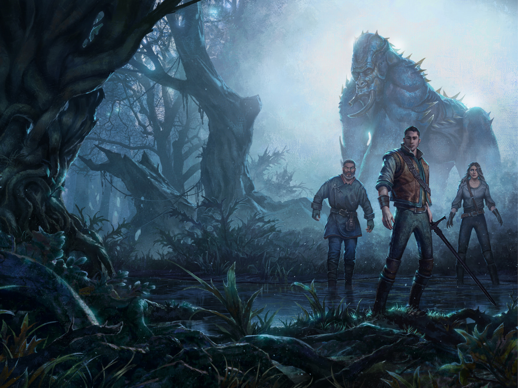 Three characters in front of a spiked gorilla