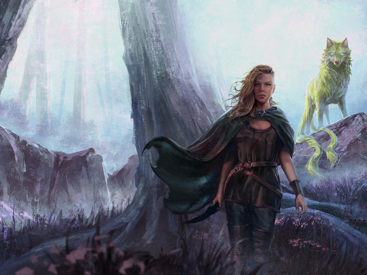 A girl with a dagger and her green wolf companion
