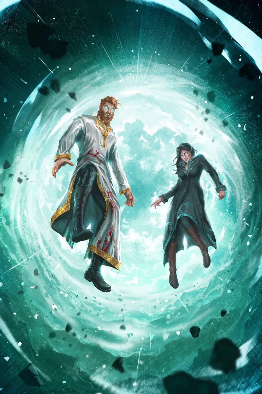 A man and a woman hovering in the air above a deep well