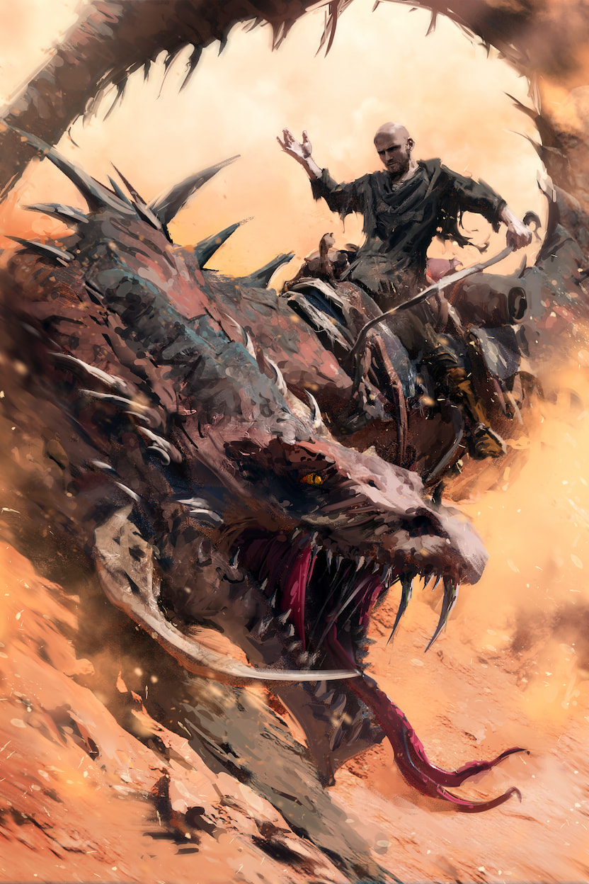 A man riding a giant snake creature