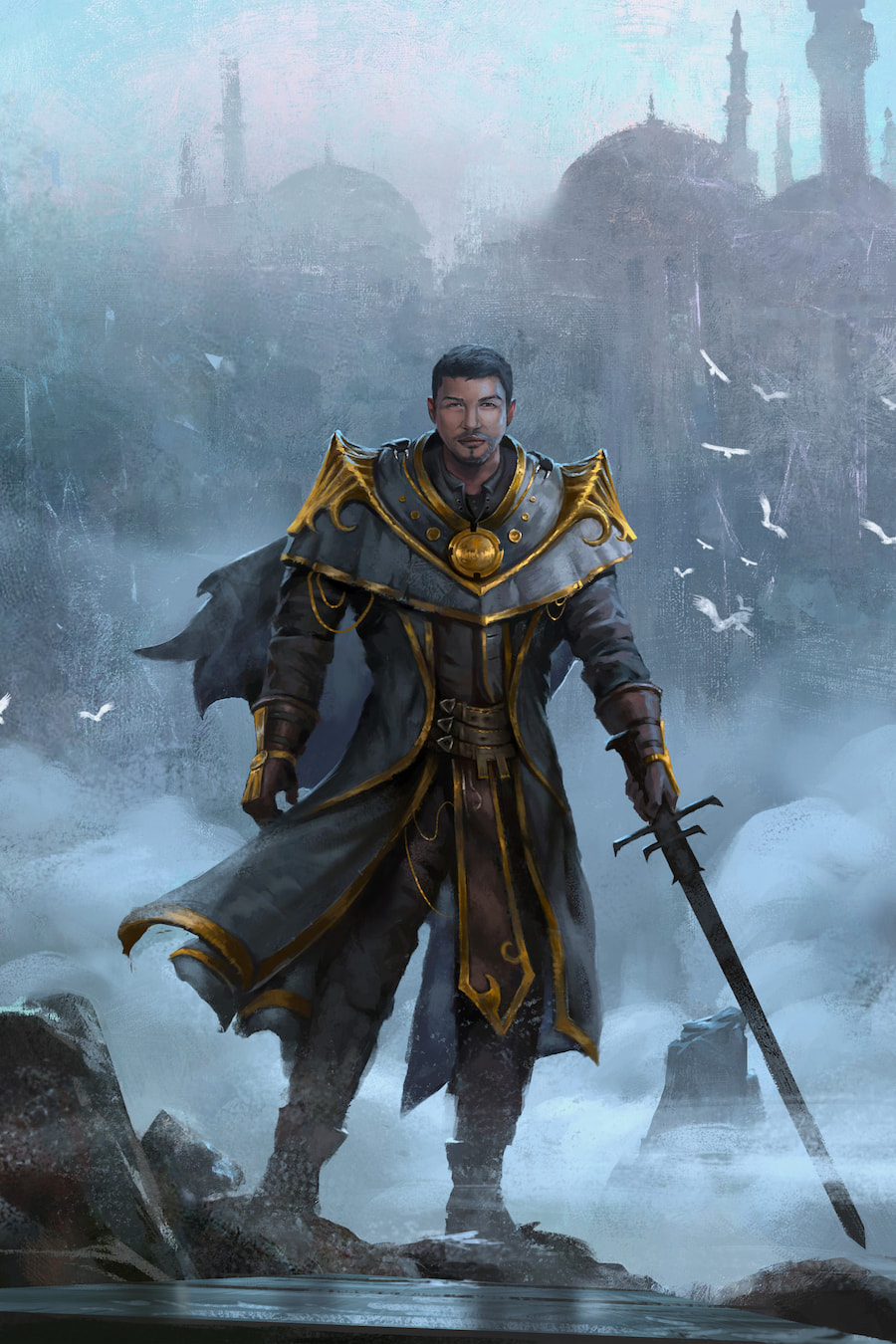 A man wearing royal robes with a black sword