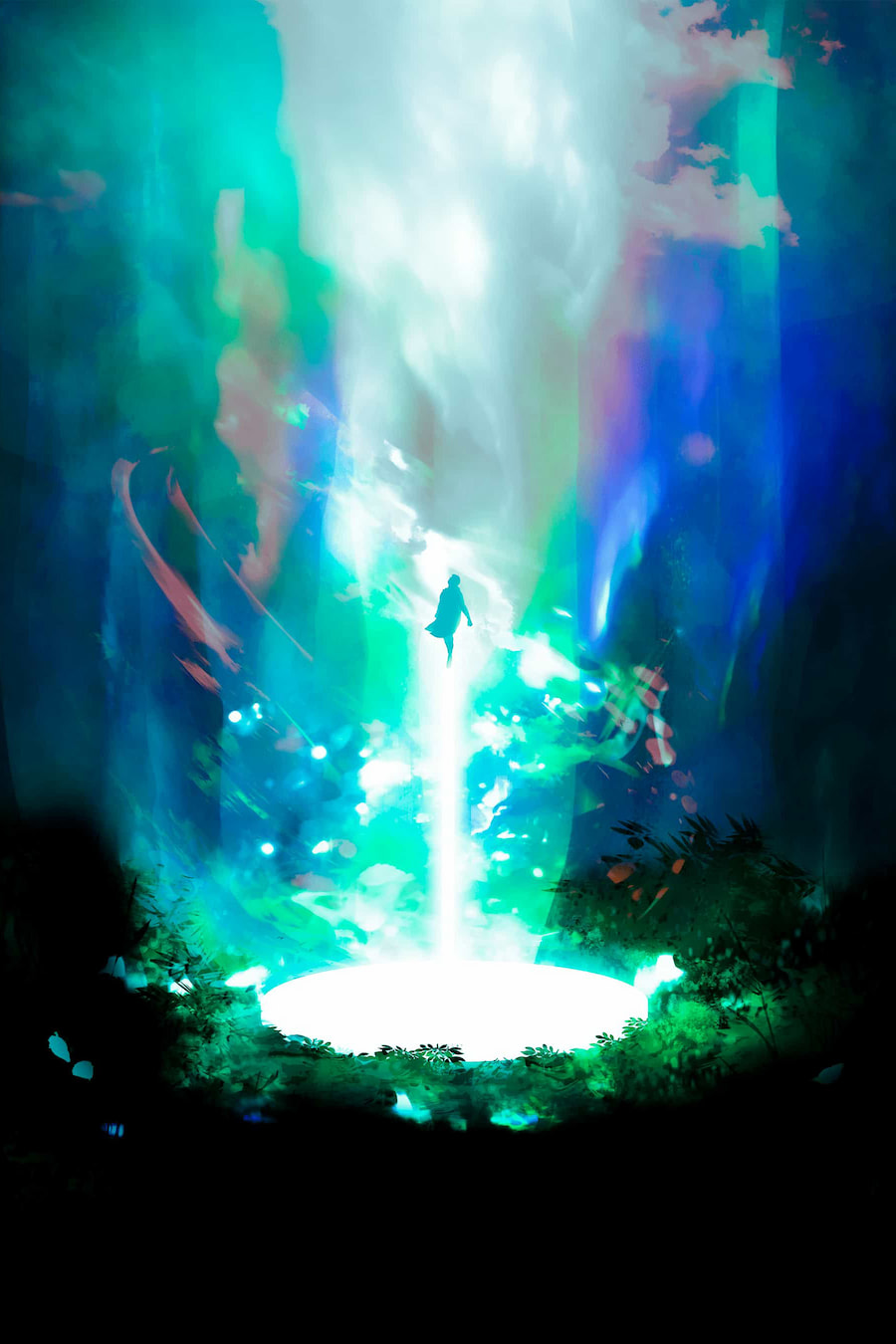 A man shooting up off of a glowing circular stone